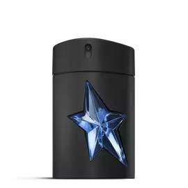 Flacon A*Men de Mugler noir avec étoile bleu sur fond gris clair
