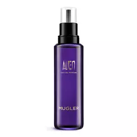 Flacon rechargeable du parfum Alien de Mugler avec pompe noire sur fond blanc
