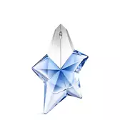 Flacon de parfum Angel de Mugler en forme d’étoile bleu avec bouchon argenté sur fond gris clair
