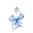 Flacon de parfum Angel de Mugler en forme d’étoile bleu avec bouchon argenté sur fond gris clair