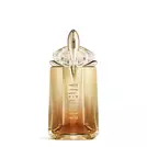 Mugler Alien Goddess Intense Eau de Parfum in golden amber talisman-shaped bottle with floral background