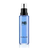 Flacon rechargeable bleu d’eau de toilette A*Men avec bouchon de vaporisation noir sur fond blanc.