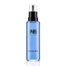 Flacon rechargeable bleu d’eau de toilette A*Men avec bouchon de vaporisation noir sur fond blanc.