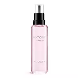 Flacon rechargeable rose du parfum Womanity de Mugler avec pompe noire sur fond blanc