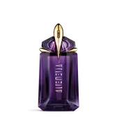 Flacon de parfum Alien de Mugler violet sur fond gris clair