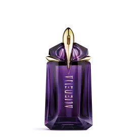 Flacon de parfum Alien de Mugler violet sur fond gris clair