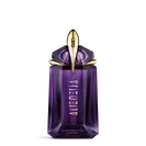 Flacon de parfum Alien de Mugler violet sur fond gris clair