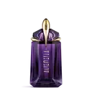 Flacon de parfum Alien de Mugler violet sur fond gris clair
