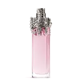 Flacon de parfum Womanity de Mugler rose avec bouchon sculpté argenté sur fond gris clair