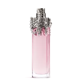 Flacon de parfum Womanity de Mugler rose avec bouchon sculpté argenté sur fond gris clair