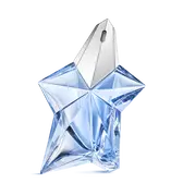 Flacon de parfum Angel de Mugler en forme d’étoile bleu avec bouchon argenté sur fond gris clair