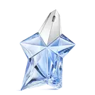 Flacon de parfum Angel de Mugler en forme d’étoile bleu avec bouchon argenté sur fond gris clair
