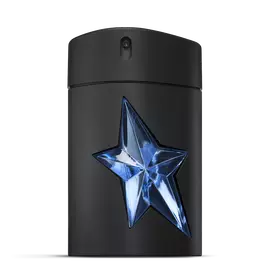 Flacon A*Men de Mugler noir avec étoile bleu sur fond gris clair