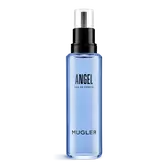 Bouteille rechargeable de l’eau de parfum Mugler Blue Angel avec pompe noire sur fond blanc