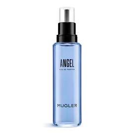 Bouteille rechargeable de l’eau de parfum Mugler Blue Angel avec pompe noire sur fond blanc